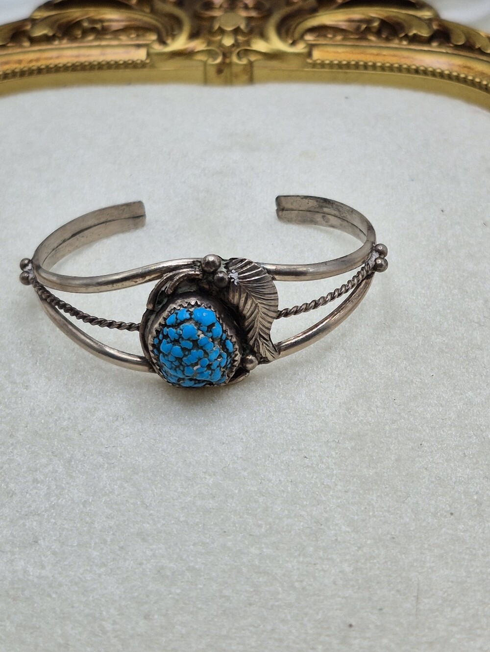 Authentic Native American Tribal Cuff Bracelet Sterling Silver Turquoise Cluster
